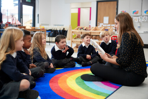 Teacher reading to pupils on a mat